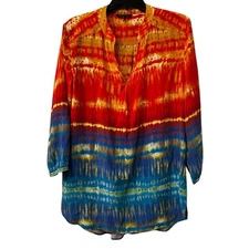 John Mark Woman’s Y Neck Watercolor Ombre Bold 100% Silk Blouse Boho Artsy SZ L
