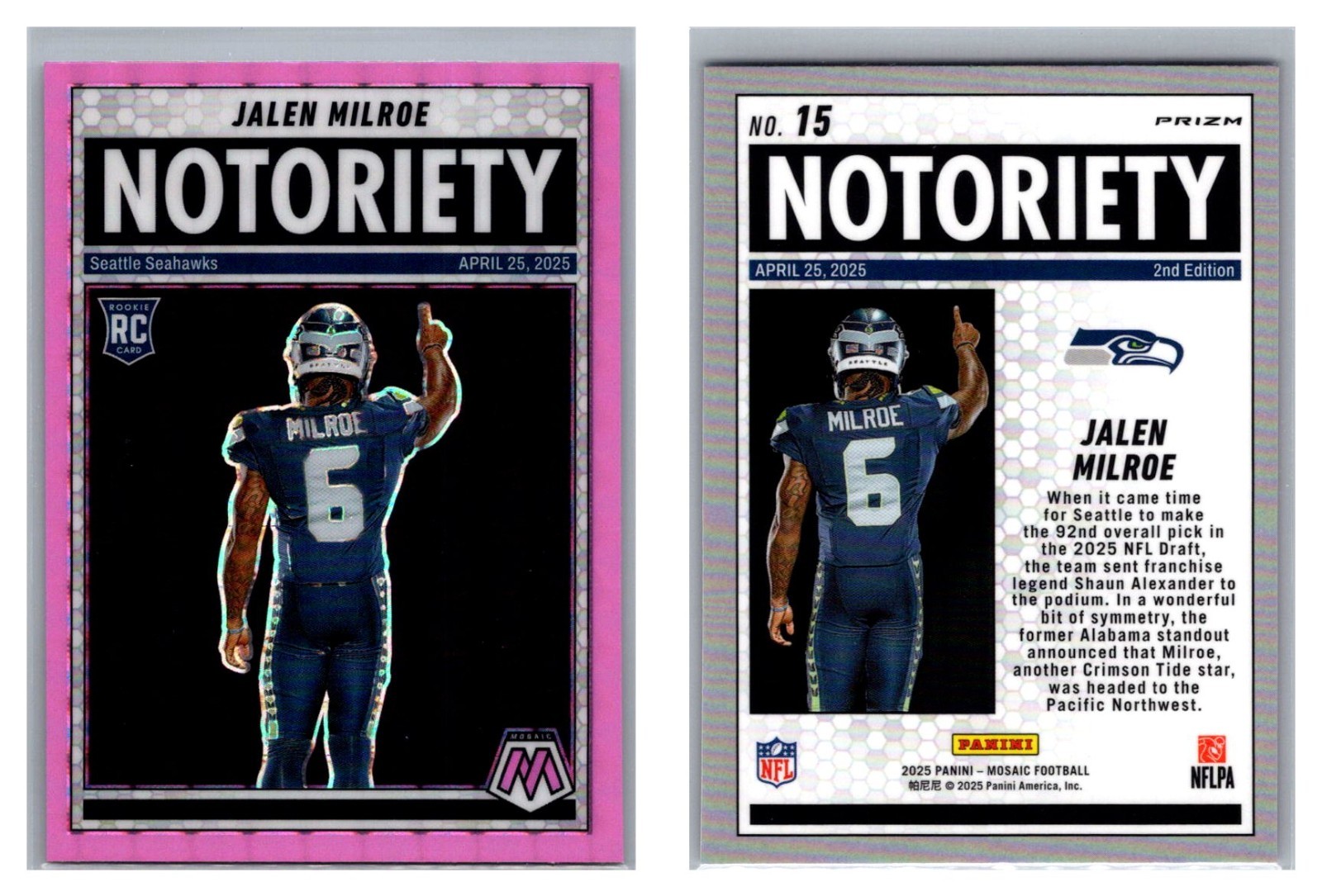 Jalen Milroe RC 2025 Panini Mosaic Pink Fluorescent Notoriety #15