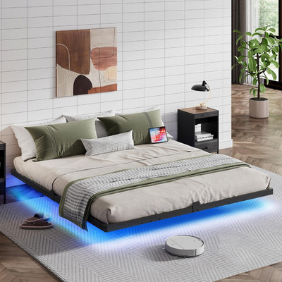 King Size Floating Bed Frame with LED, Charging Station & Noise-Free Design