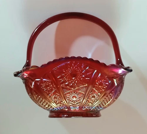 Vintage Indiana Heirloom Sunset Amberina Carnival Glass Square Basket