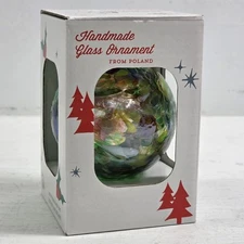 Zorza Handmade Mouth Blown Polish Art Glass Green Red Swirl Orb Ornament 4” x 3”