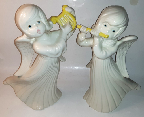 Set of 2 Large Decorative Ceramic Angels Playing Instruments 12