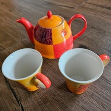 Teekanne Set mit 2 Tassen Keramik handbemalt, leuchtende Farben, Marke Cha Cult