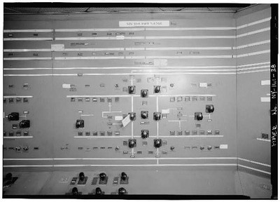 38. HEADQUARTERS AND MAINTENANCE BUILDING, CLOSE-UP OF CONTROL ROOM PANELS FOR