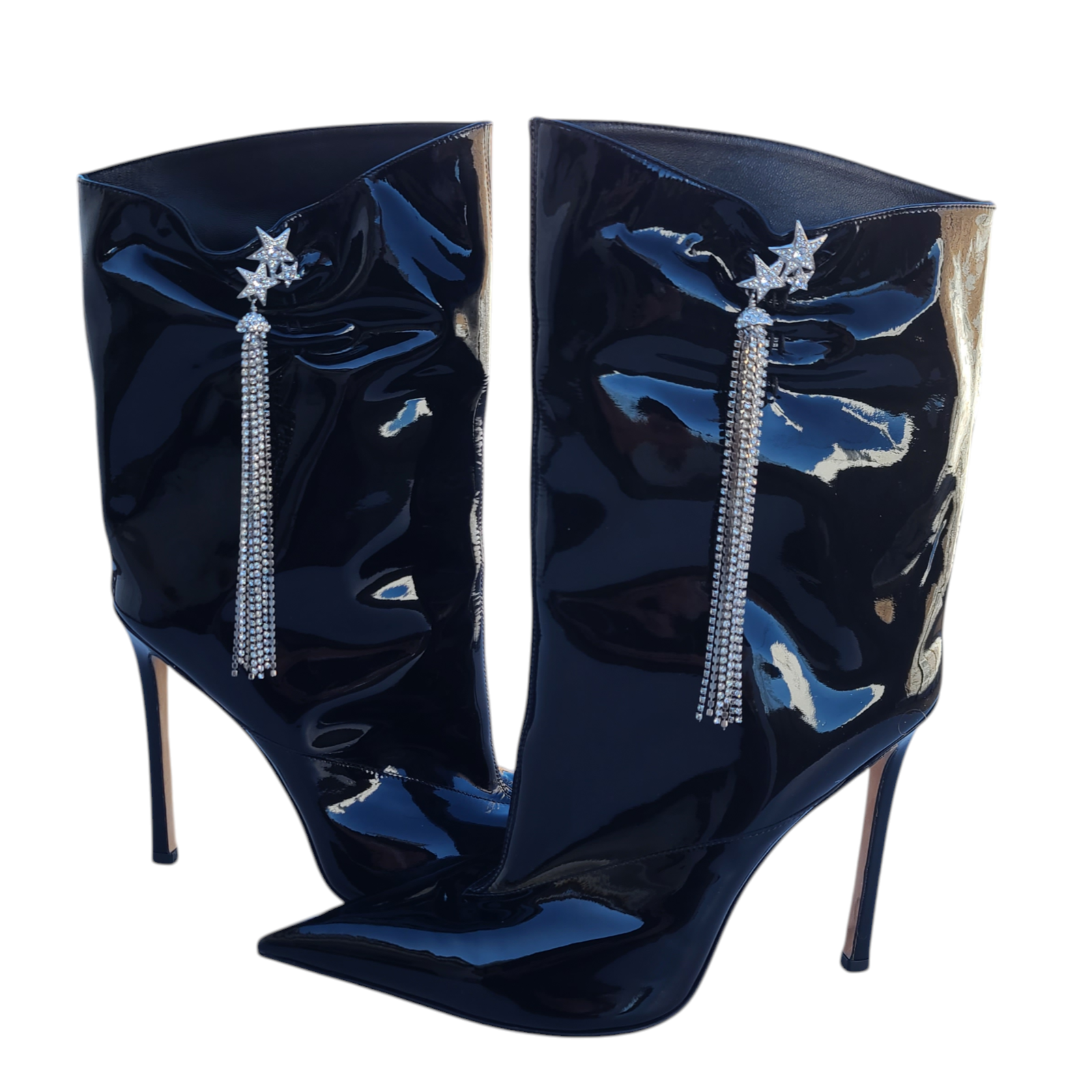 JIMMY CHOO Oriel 110 Crystal-embellished Patent Leather Black Boots 40 EU/ 10 US