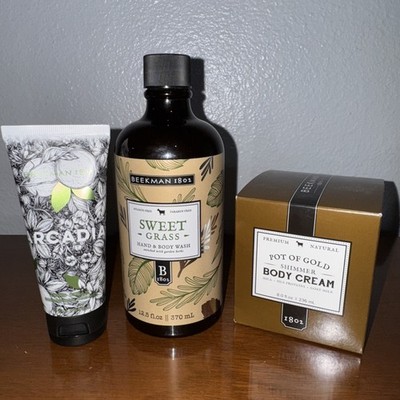 Beekman Sweet Grass Hand & Body  Wash, Arcadia Hand cream, Pot Of Gold Shimmer