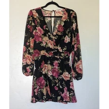 Mi Ami Dress Juniors Medium Boho Black Floral Mini Sheer Chiffon Tiered Garden