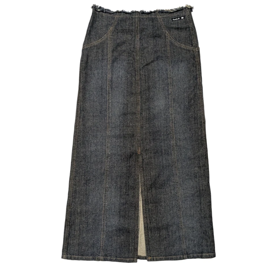 Vintage 90s Y2K Frankie B Denim Jean Maxi Skirt Size 2 (28x36) Frayed Waist Slit - Image 2 of 4