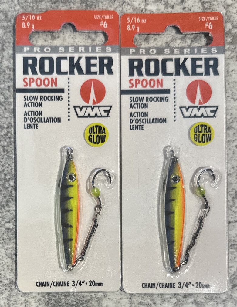 Packs VMC Rocker Spoon Ice Fishing Jig 5/16 OZ Glow Hot Perch