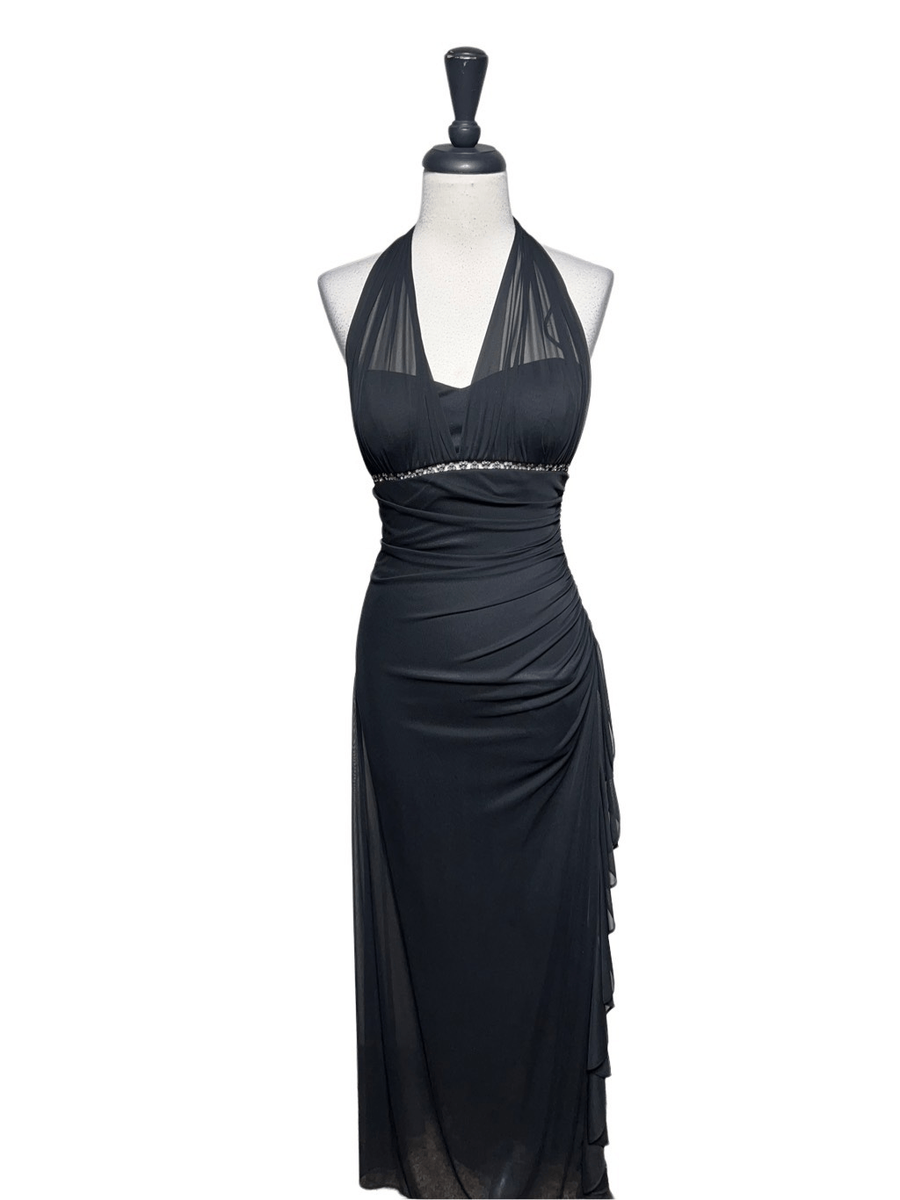 green emerald velvet dress Windsor Jenn V-Neck Strappy Back Slit Long Formal Dress in Ivory | Size: S