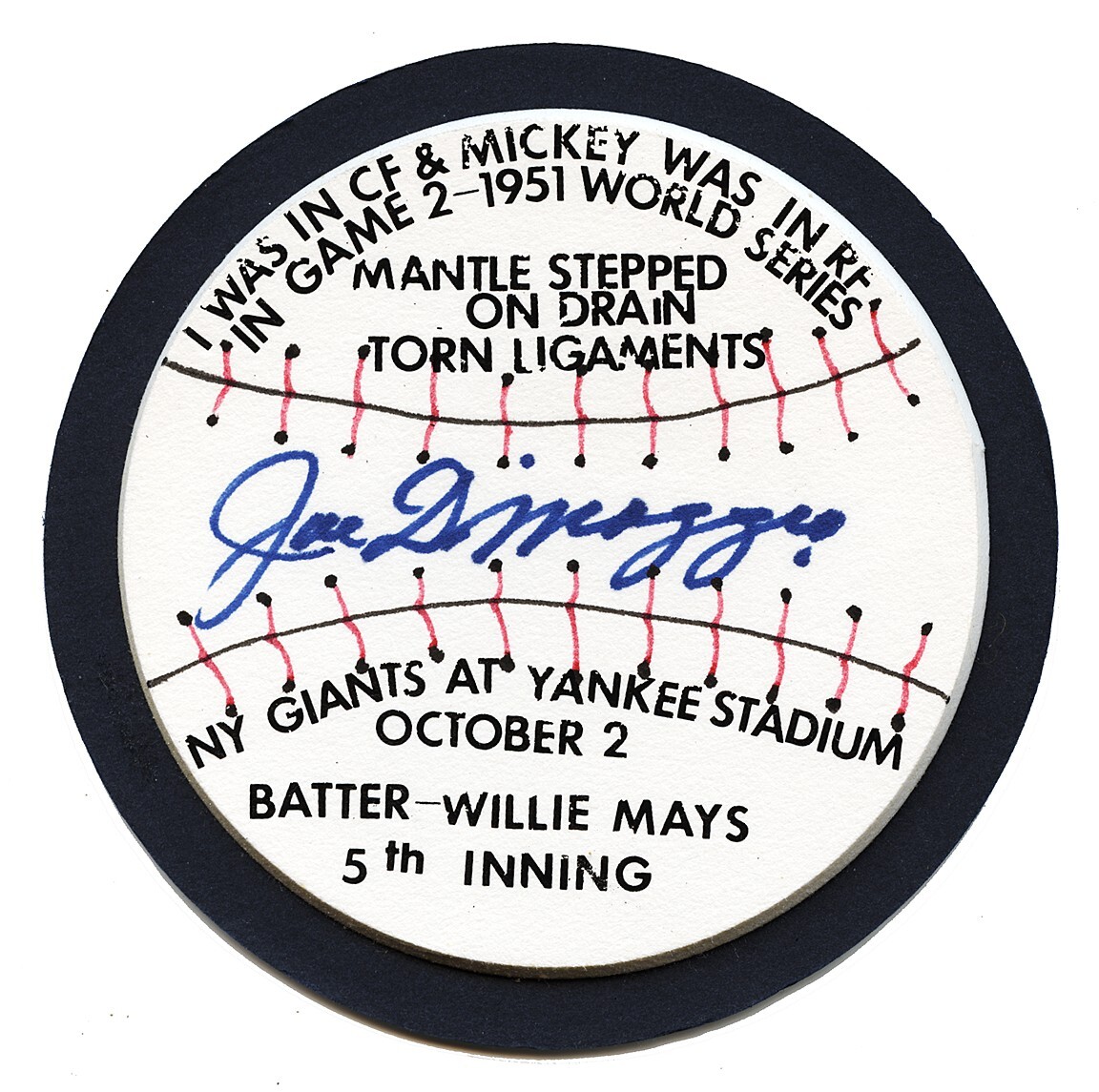 Joe DiMaggio Autographed Signed Custom Display Coaster Honoring Mickey Mantle JSA 