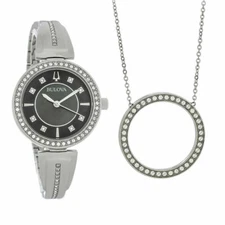 Bulova 96X152 Black Mother Of Pearl Dial Crystal Watch & Necklace Gift Set