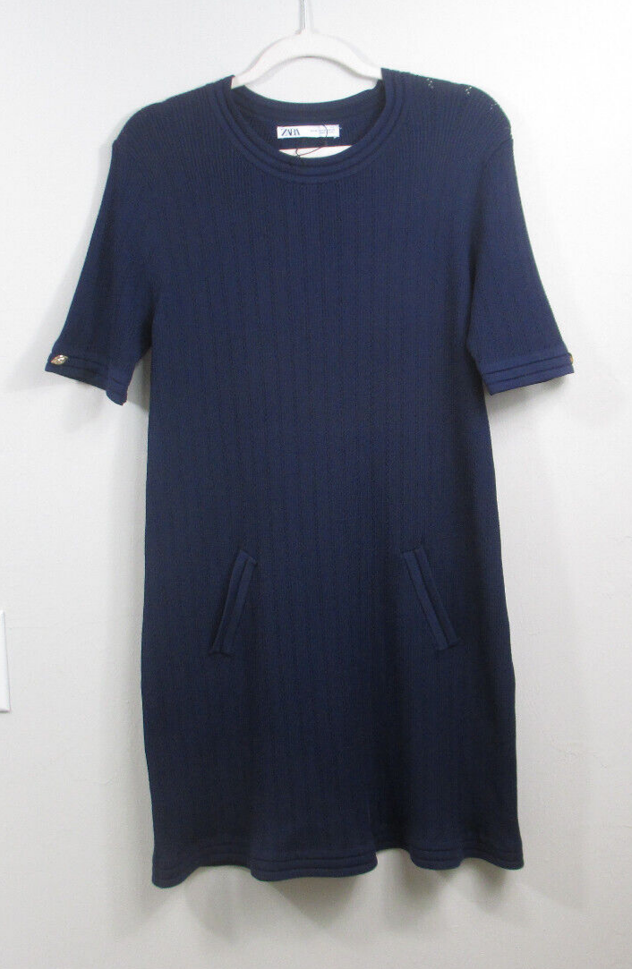 Zara Knit Navy Blue Mini Dress with Gold Buttons Size XL | eBay