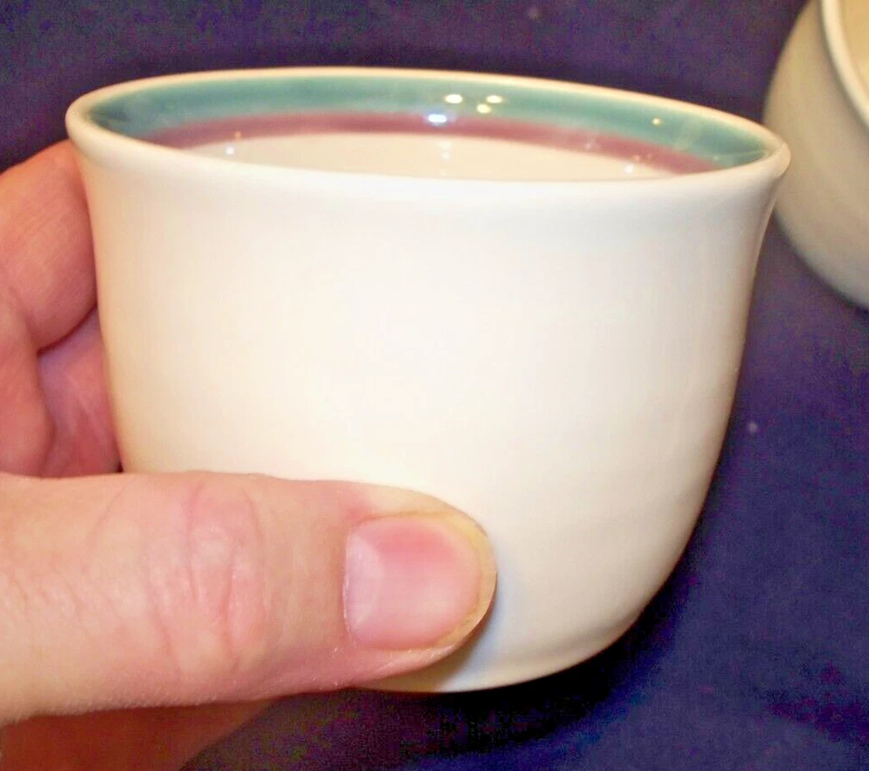 Pfaltzgraff Stoneware Teal & Plum Bands Lot 4 "Flat" Cups USA Made (no saucers) - Image 4 of 4