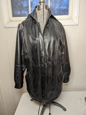 Vintage IZZI Black Leather Hooded Jacket Coat Fur Small Midi Zipper Drawstring