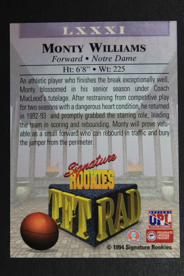 Monty Williams Notre Dame Irish Signed Autographed 1994 Signature Rookies Card - Image 2 of 3