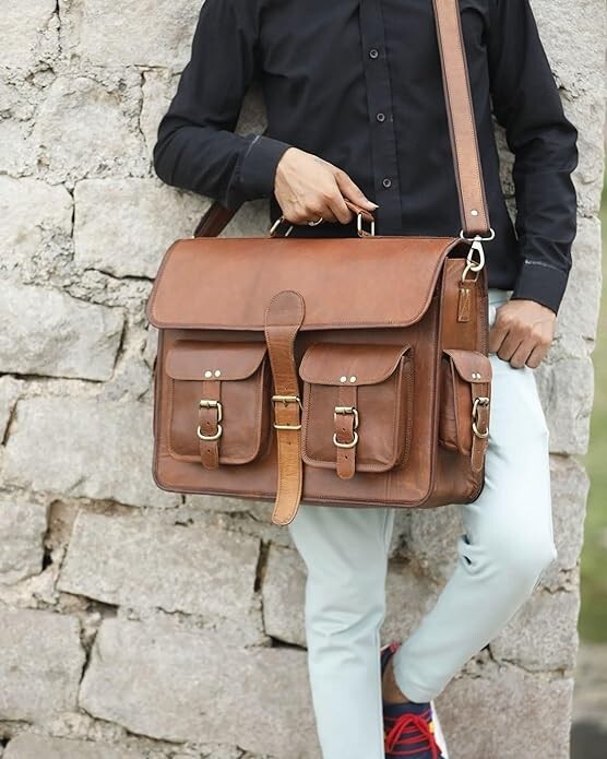 Genuine Men's Shoulder New Satchel Brown Briefcase Handmade Leather Bag