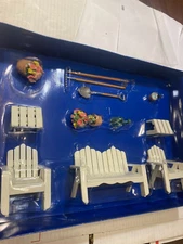 VINTAGE DOLLHOUSE MINIATURES, OUTDOOR SET #3 CHAIRS, BENCH, TOOLS ETC! NIB, WOW!