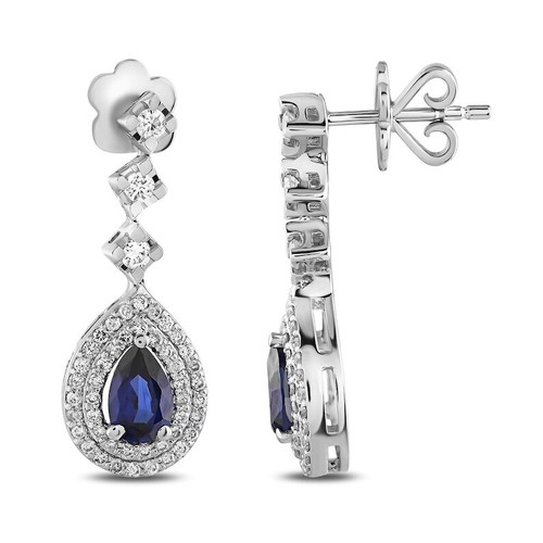 14K Solid White Gold Natural Blue Sapphire and Diamond Drop Women Earrings