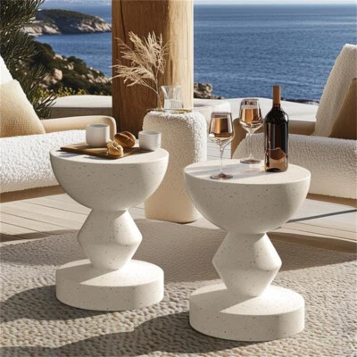 Unique Lightweight Concrete Side End Table Outdoor Faux Terrazzo Thick Pedestal - Image 1 of 4
