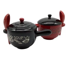 Covered Ceramic Soup/Chili Bowls with Matching Ceramic Spoons Giftware Serveware