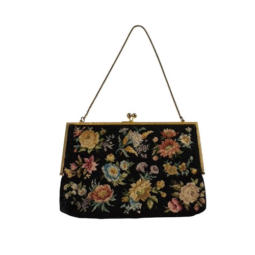 VTG Petit Point Evening Bag Hinged Kisslock Black Floral Chain Strap Gold Tone - Picture 3 of 14