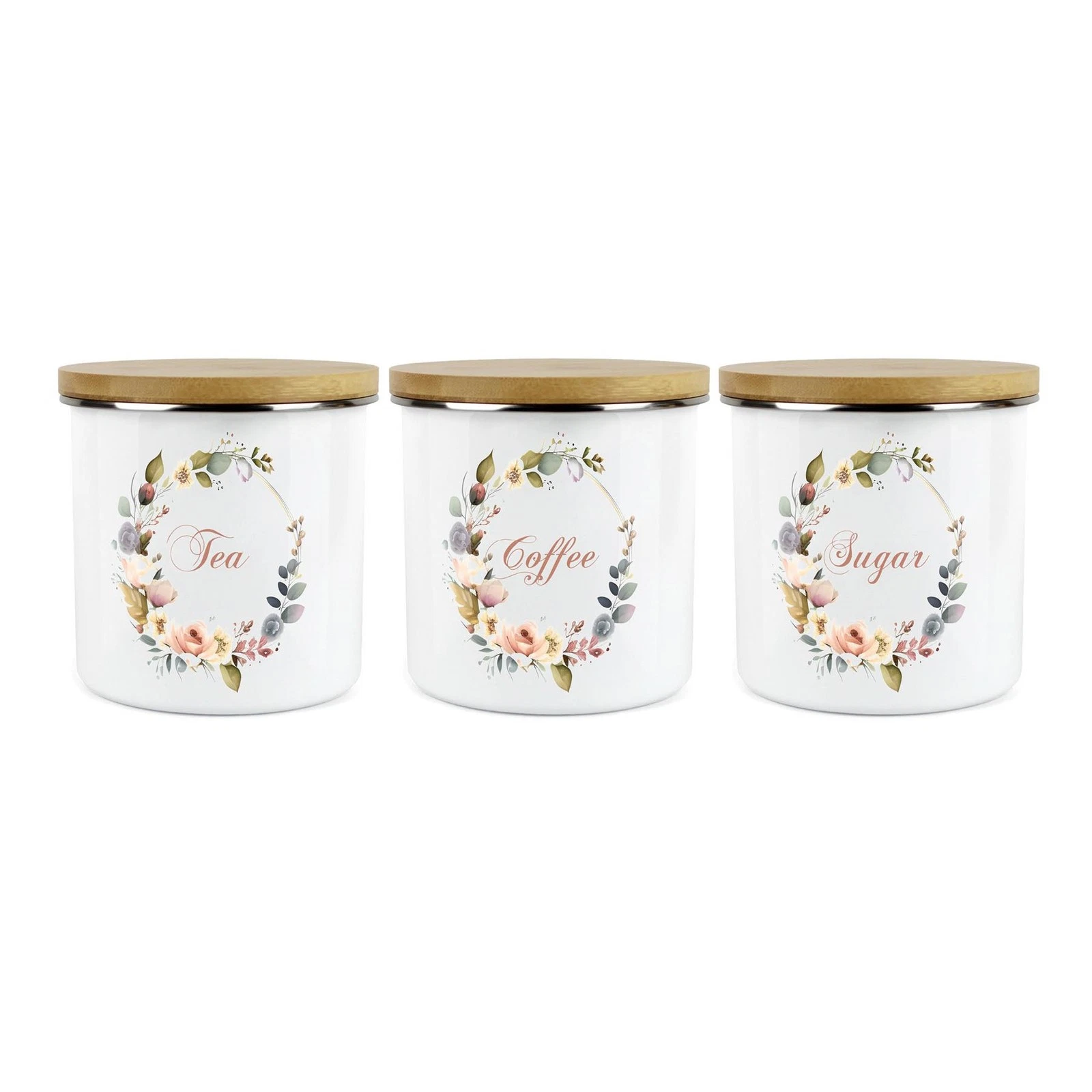 Floral Wreath Tea, Coffee & Sugar Canister Set - Enamel Kitchen Storage Canister