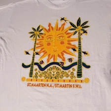 St. Maarten N.A F.W.I. Sun Palm Tree Caribbeant's Cotton T-Shirt Sz XL - Stains