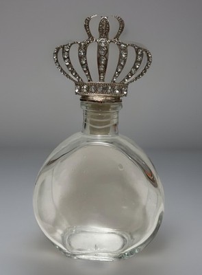 Vtg Empty The Glass Perfume Bottle 7'' Rhinestone Encrusted Silver Crown Stopper