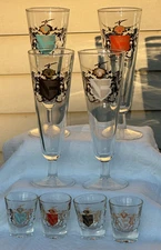 Vtg Federal Glass Camelot Coat of Arms Pilsner Beer Glasses Plus Matching Shots