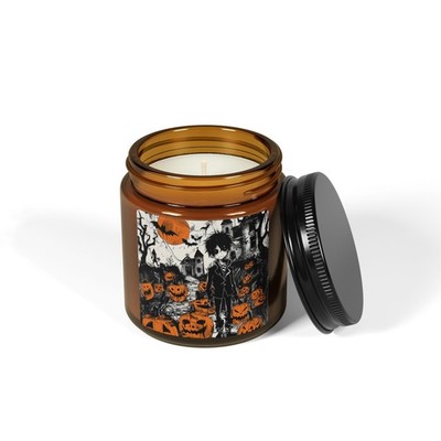 Halloween Black Eyes Goth Boy Themed Scented Soy Candle, Pumpkin Decor, 4oz