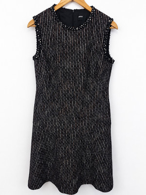 BOSS Hugo Boss Datana Damen Tweed Mini Kleid Volant Schwarz Multi 40 L Neu