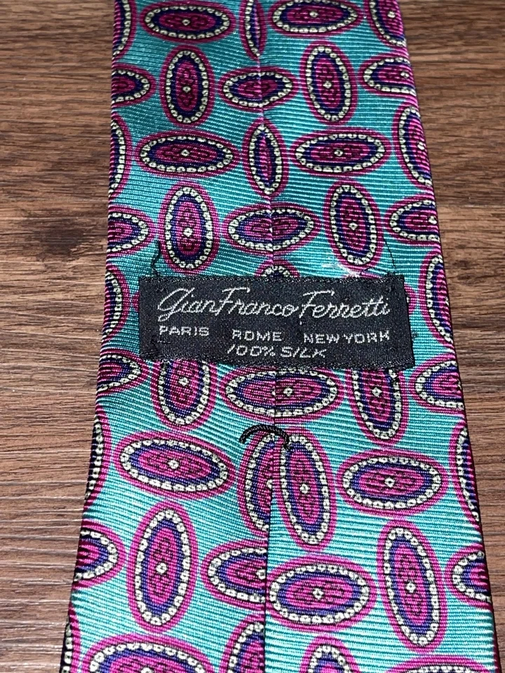 Corbata GianFranco Ferretti para hombre talla única verde azulado púrpura estampado geométrico de seda Foto 4 de 4