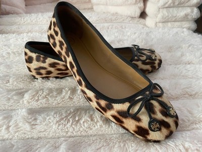 Tory Burch Tory Charm Ballet Flats Leopard Print Calf Hair Bow Logo Shoes SZ 8
