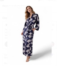 Vintage Christian Dior Satin Robe Blue White Floral Kimono Women s S Belt Flaws