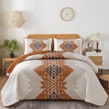 Boho Queen Quilt Set 3 Pieces Aztec Texture Bedspread Coverlet Set Bohemian Q...