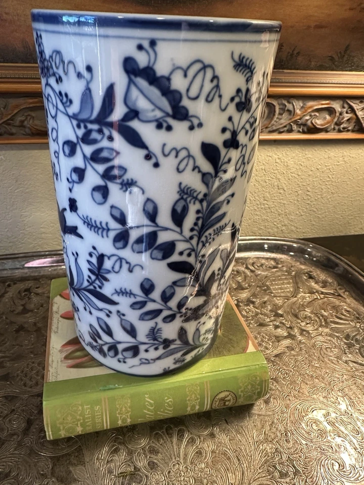 Siglo XIX-Jarrón cilíndrico 8”H-MEISSEN-azul y blanco-pájaros/hojas-dorado-RARO Foto 4 de 4