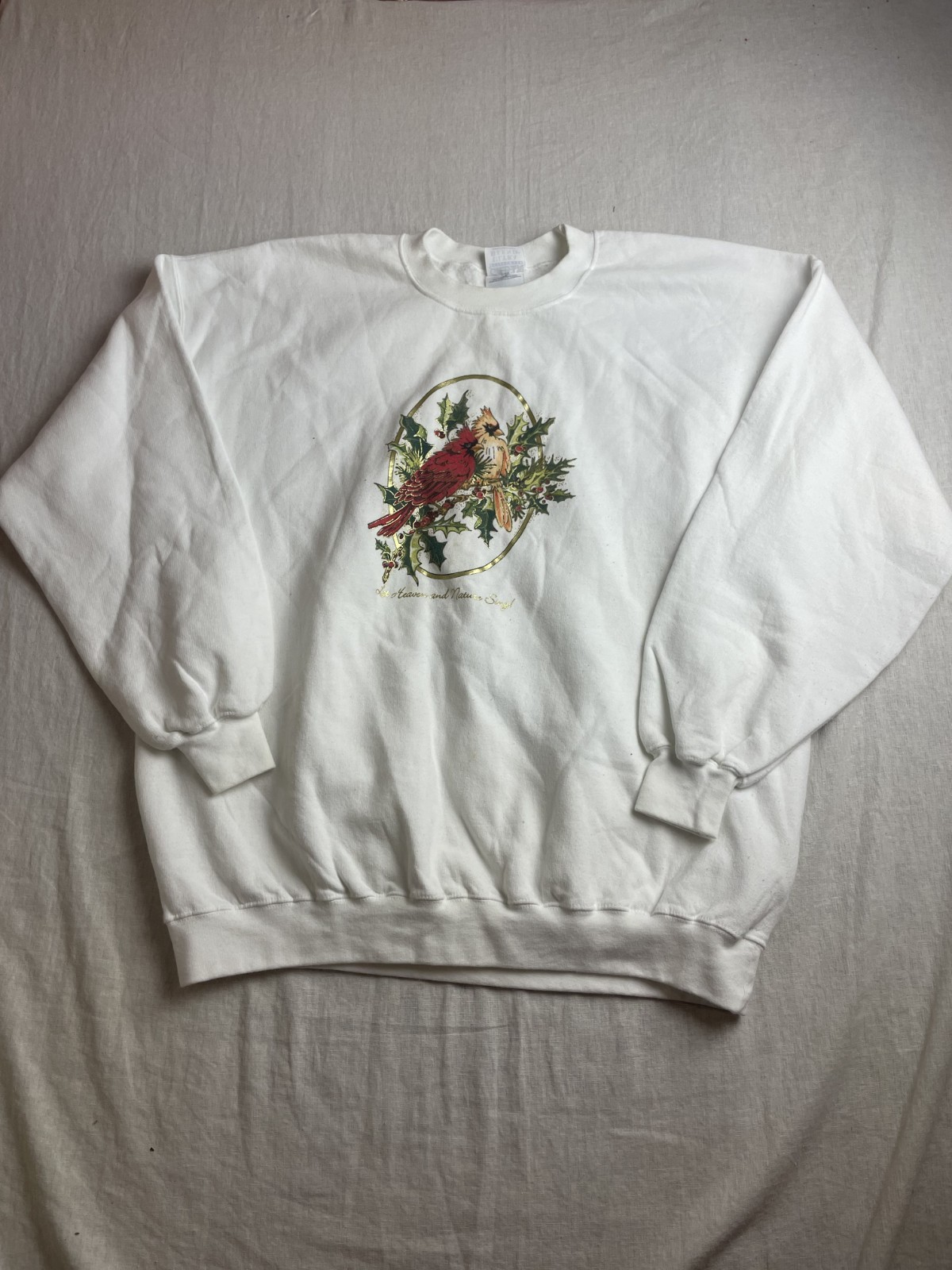 Vintage 90s Y2K Christmas Cardinal Sweatshirt White Women XL Cottagecore Holiday