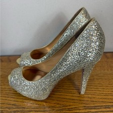 Badgley Mischka Heels Peep-Toe Gold Sparkle Size 9 Party Wedding Maximalist