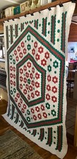 UNIQUE FLOWER GARDEN ANTIQUE QUILT....RED & GREEN, on WHITE...CHRISTMAS PERFECT