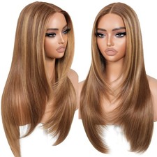HD Lace Front Wig Human Hair Blend Highlights Straight Honey BROWN Blonde