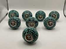 Hand Painted Ceramic Cabinet Knobs/Drawer Pulls Teal/Turquoise Peacock Lot Of 8