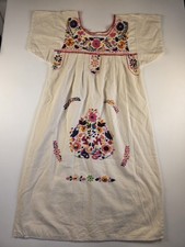 Liliana Cruz Embroidered Puebla Mexican Dress Size S White 100% Cotton Boho