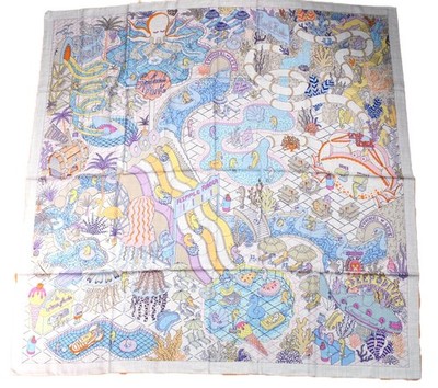 Hermes Shawl Splash Park 140 cm Cashmere silk scarf stole blue
