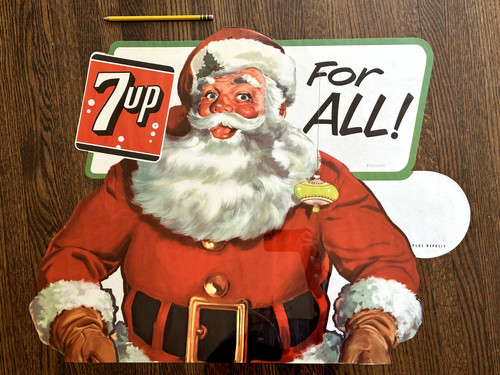 1955 7UP 7 Up Soda Advertising SANTA CLAUS Christmas POSTER Die Cut Paper Sign