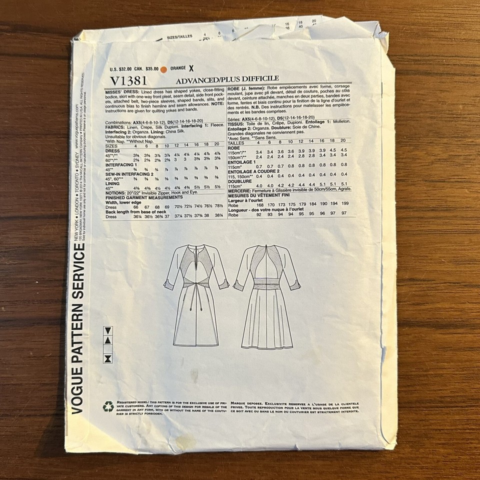 NEW Uncut VOGUE 1381 Ralph Rucci Dress Pattern Sizes 12-14-16-18-20 ...