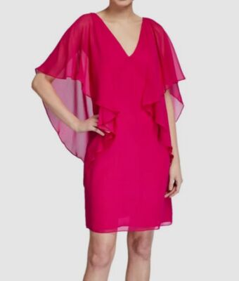 $348 Trina Turk Women's Pink V-Neck Draped Flutter-Sleeve Dress Size 2