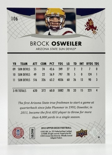 2012 Upper Deck #106 Brock Osweiler RC Denver Broncos - Picture 2 of 2