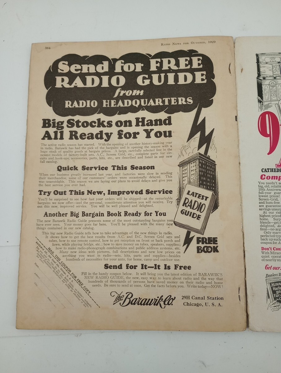 Vtg Oct. 1929 Radio News Complete List Of Broadcast And Shortwave
