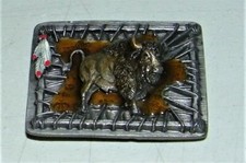 Vintage 1994 BISON BUFFALO Indian Feathers Enamel Bergamot Brass BELT BUCKLE USA